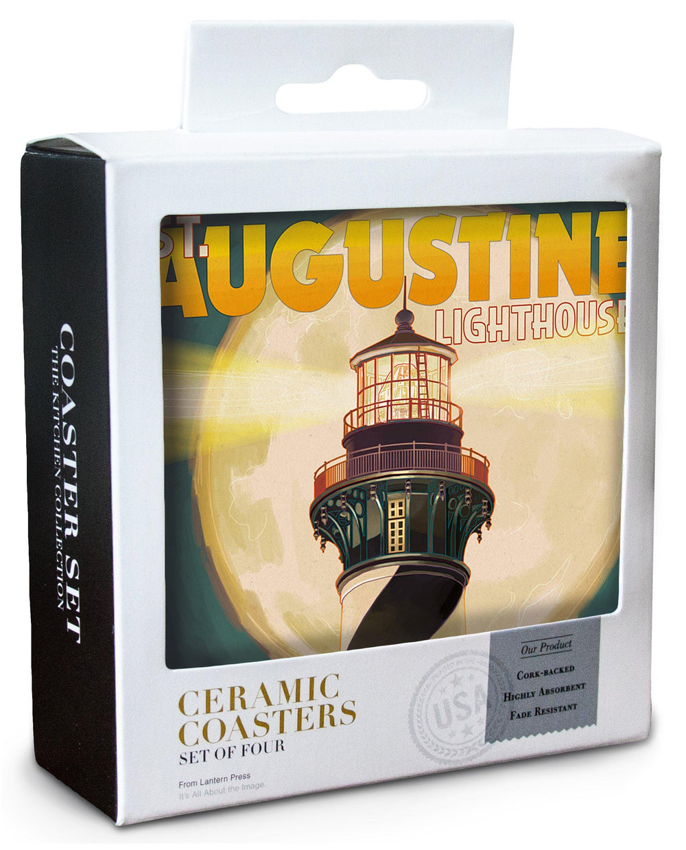 St. Augustine, Florida, Lighthouse & Moon, Lantern Press Artwork, Coaster Set Coasters Lantern Press 