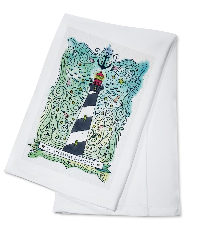 St. Augustine, Florida, Watercolor, Nautical Lighthouse, Lantern Press Artwork, Towels and Aprons Kitchen Lantern Press Cotton Towel 