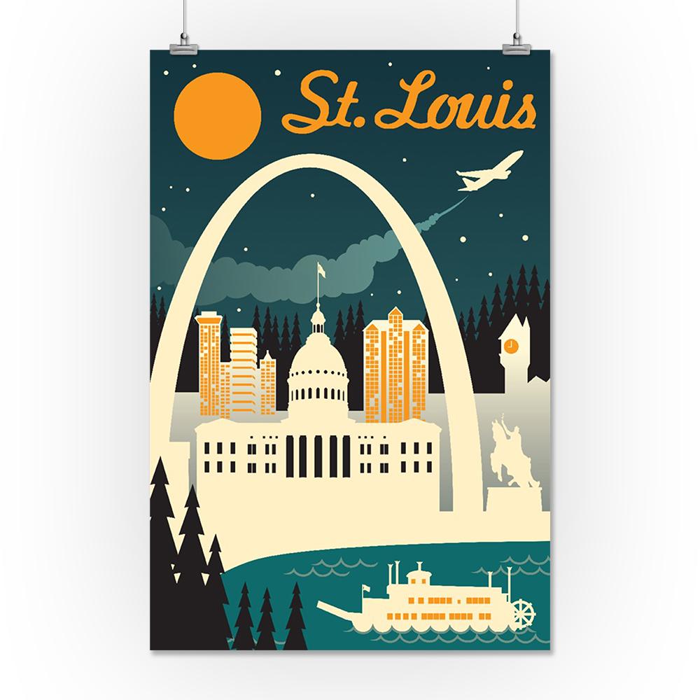 St. Louis, Missouri, Retro Skyline, Lantern Press Artwork, Art Prints and Metal Signs Art Lantern Press 16 x 24 Giclee Print 