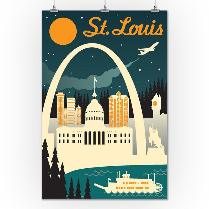 St. Louis, Missouri, Retro Skyline, Lantern Press Artwork, Art Prints and Metal Signs Art Lantern Press 24 x 36 Giclee Print 