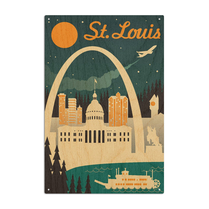 St. Louis, Missouri, Retro Skyline, Lantern Press Artwork, Wood Signs and Postcards Wood Lantern Press 10 x 15 Wood Sign 