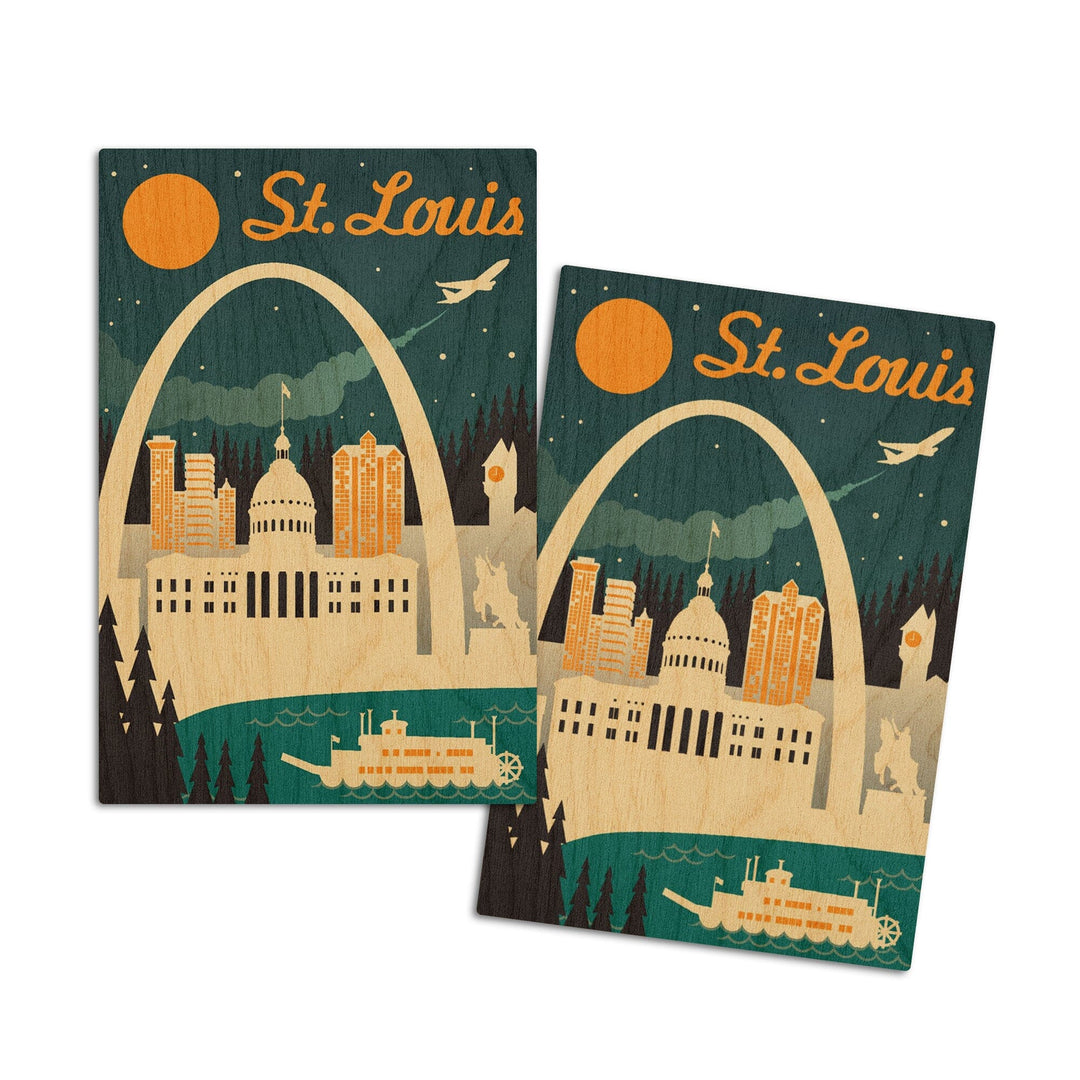 St. Louis, Missouri, Retro Skyline, Lantern Press Artwork, Wood Signs and Postcards Wood Lantern Press 4x6 Wood Postcard Set 