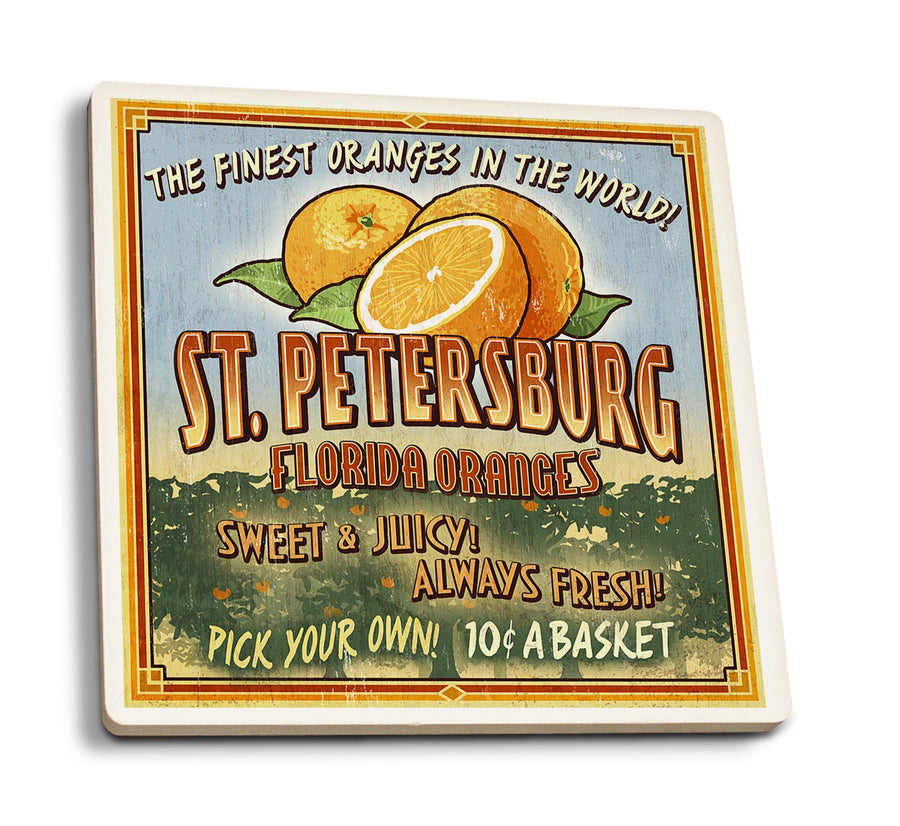 St. Petersburg, Florida, Orange Grove Vintage Sign, Lantern Press Artwork, Coaster Set Coasters Lantern Press 