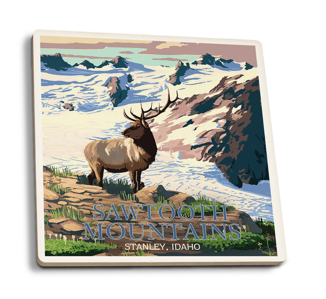 Stanley, Idaho, Sawtooth Mountain, Elk & Snowy Mountain, Lantern Press Artwork, Coaster Set Coasters Lantern Press 