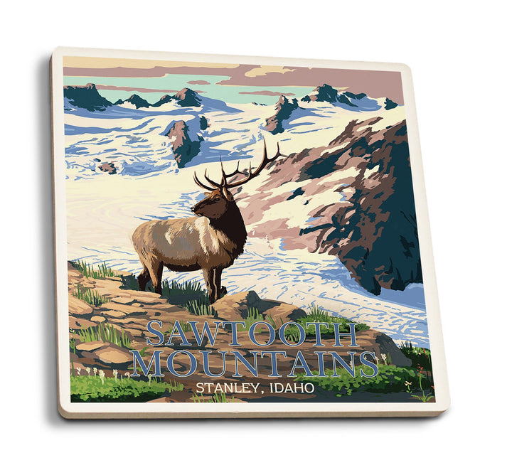 Stanley, Idaho, Sawtooth Mountain, Elk & Snowy Mountain, Lantern Press Artwork, Coaster Set Coasters Lantern Press 