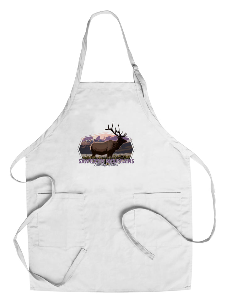 Stanley, Idaho, Sawtooth Mountains, Elk & Sunset, Contour, Lantern Press Artwork, Towels and Aprons Kitchen Lantern Press Chef's Apron 