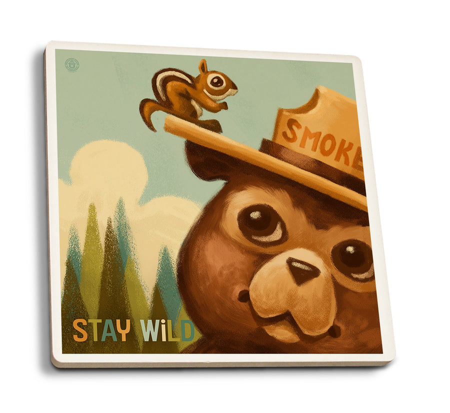 Stay Wild, Smokey Bear and Squirrel, Lantern Press Artwork, Coaster Set Coasters Lantern Press 