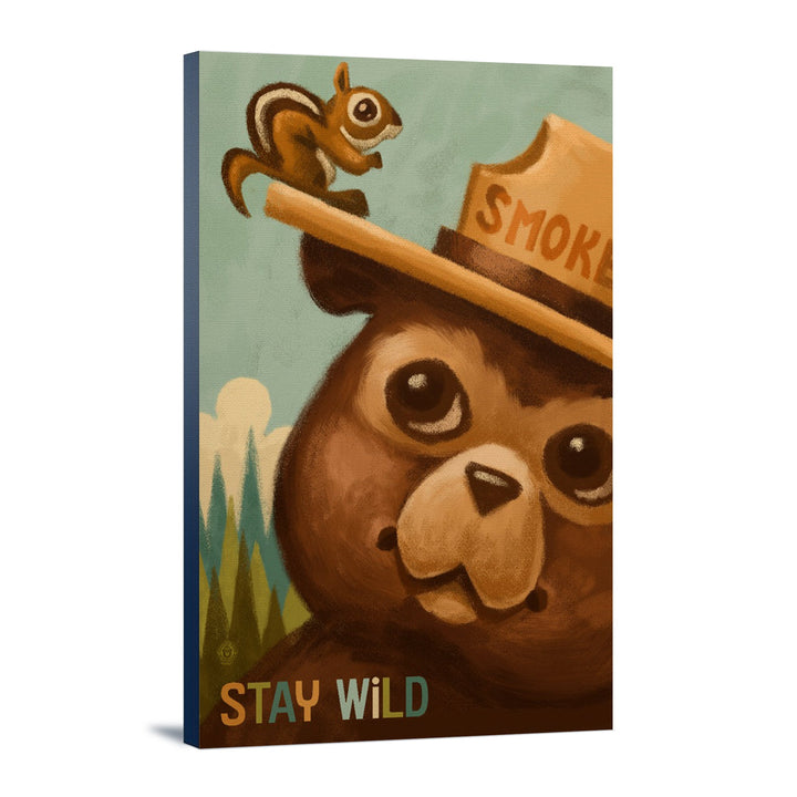 Stay Wild, Smokey Bear and Squirrel, Lantern Press Artwork, Stretched Canvas Canvas Lantern Press 12x18 Stretched Canvas 
