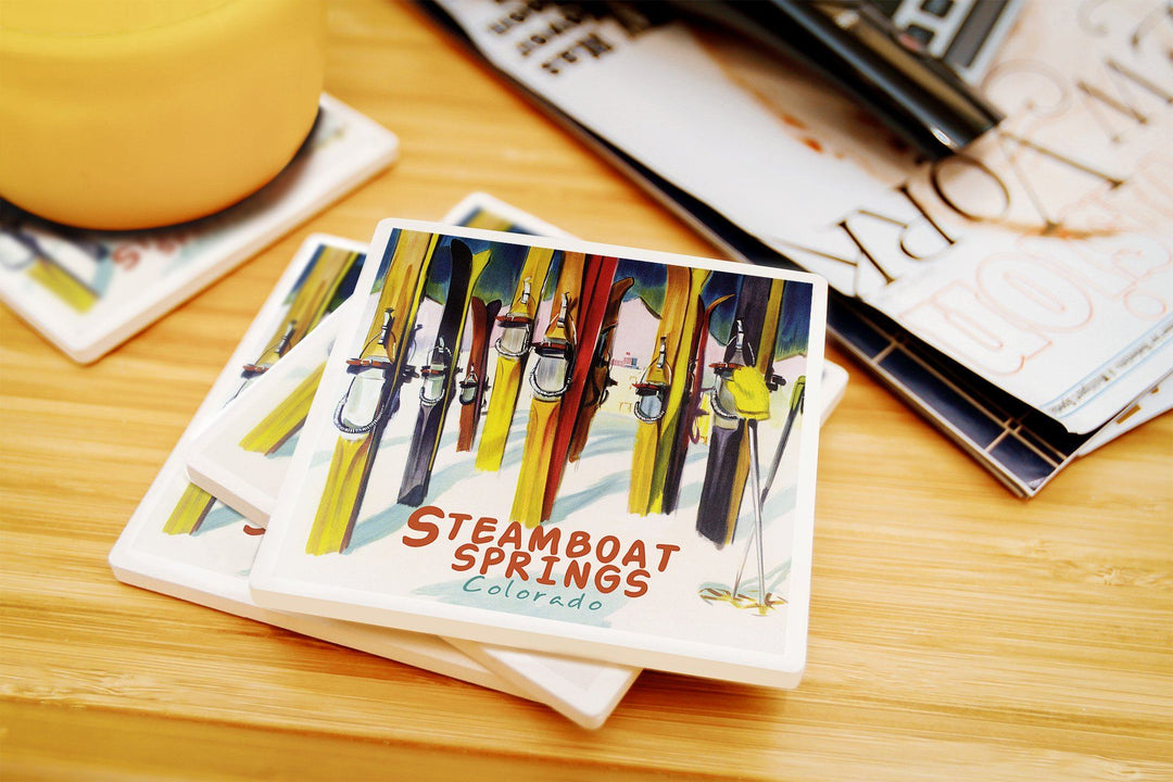 Steamboat Springs, Colorado, Colorful Skis, Lantern Press Artwork, Coaster Set Coasters Lantern Press 