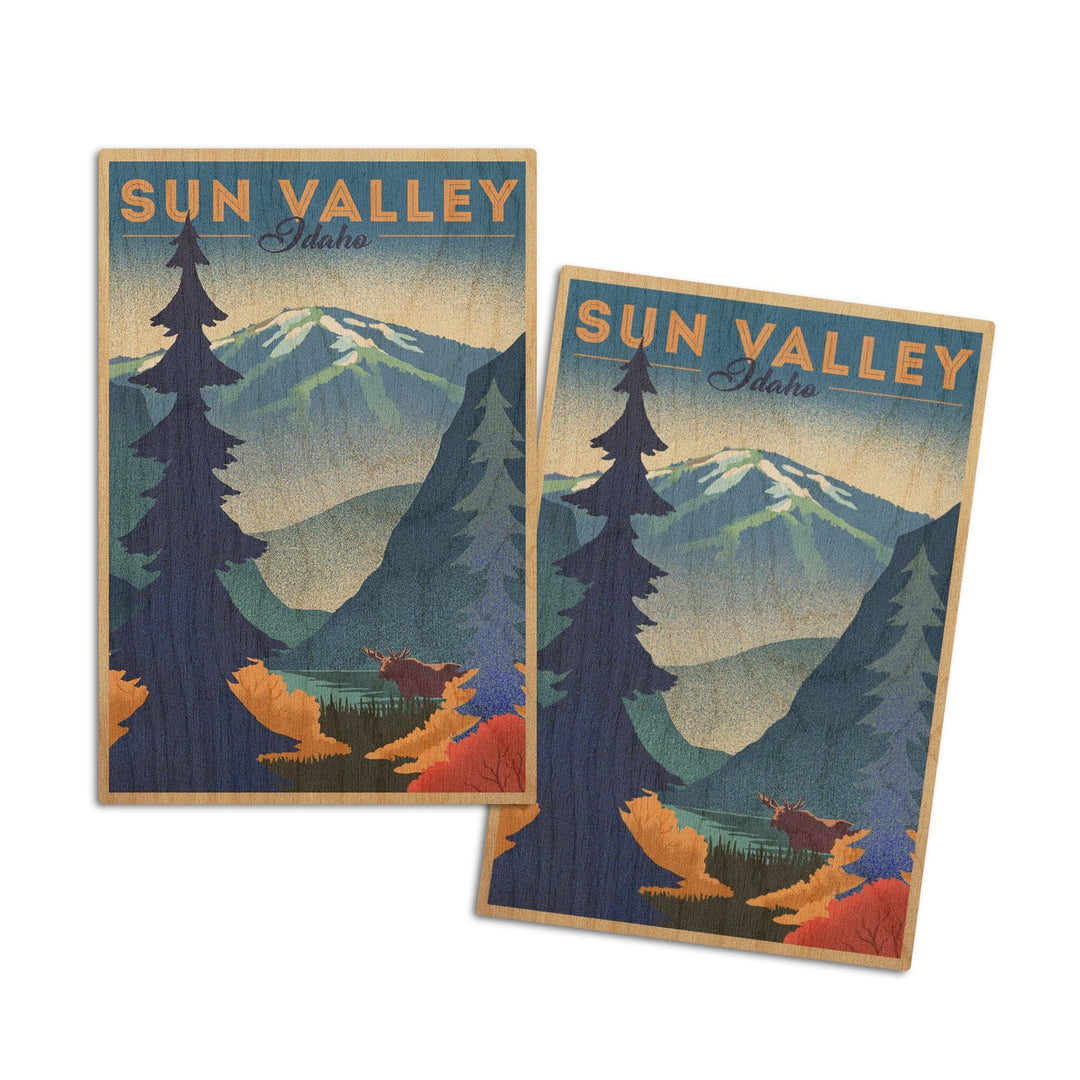 Sun Valley, Idaho, Bald Mountain, Lithograph, Lantern Press Artwork, Wood Signs and Postcards Wood Lantern Press 4x6 Wood Postcard Set 