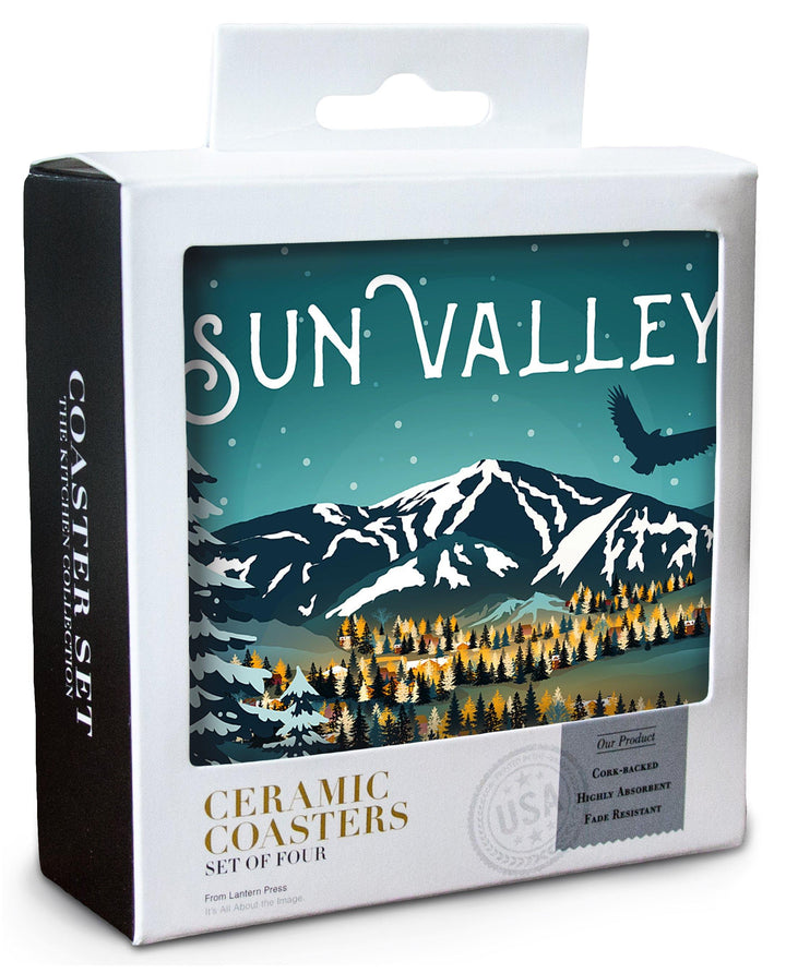 Sun Valley, Idaho, Bald Mountain & Town, Lantern Press Artwork, Coaster Set Coasters Lantern Press 