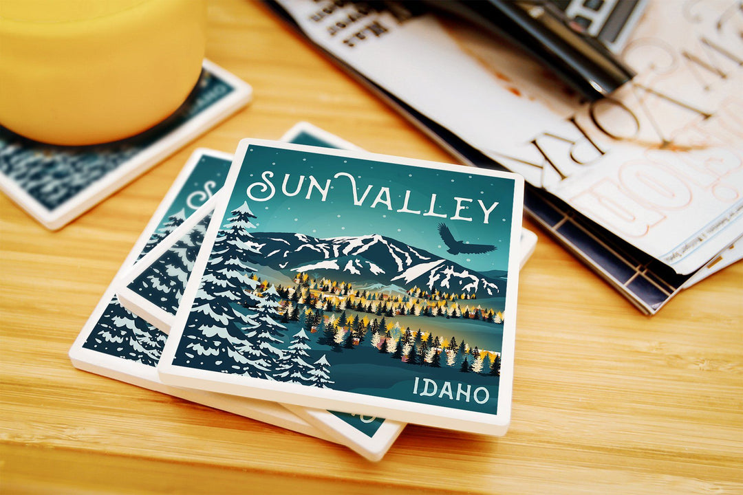 Sun Valley, Idaho, Bald Mountain & Town, Lantern Press Artwork, Coaster Set Coasters Lantern Press 