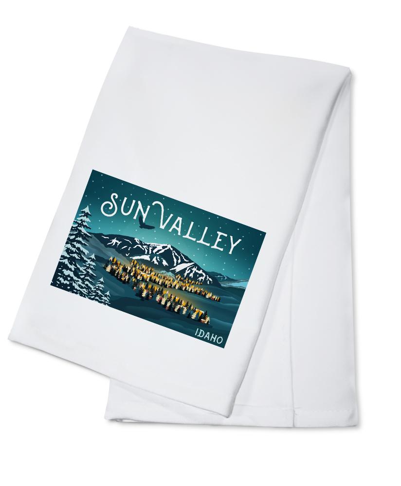 Sun Valley, Idaho, Bald Mountain & Town, Lantern Press Artwork, Towels and Aprons Kitchen Lantern Press Cotton Towel 