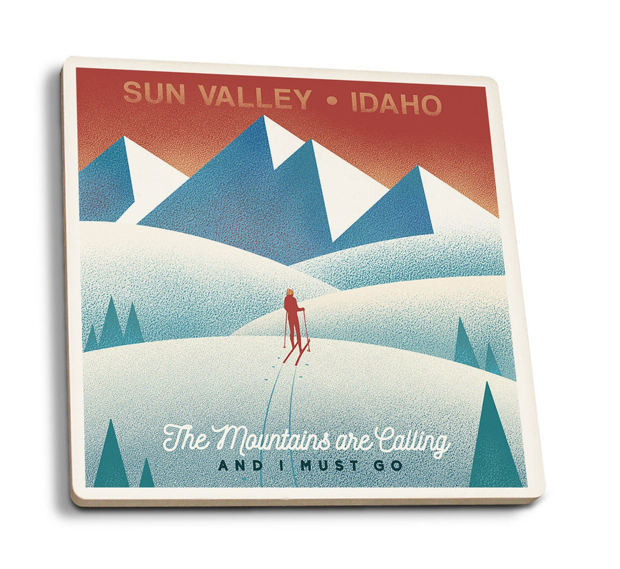 Sun Valley, Idaho, Skier In the Mountains, Litho, Lantern Press Artwork, Coaster Set Coasters Lantern Press 