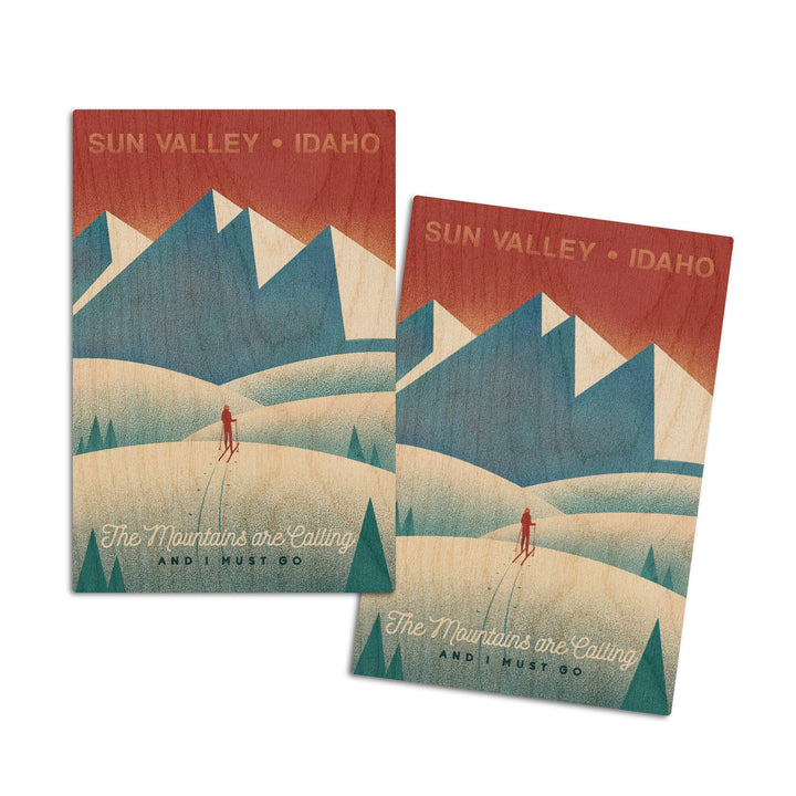 Sun Valley, Idaho, Skier In the Mountains, Litho, Lantern Press Artwork, Wood Signs and Postcards Wood Lantern Press 4x6 Wood Postcard Set 