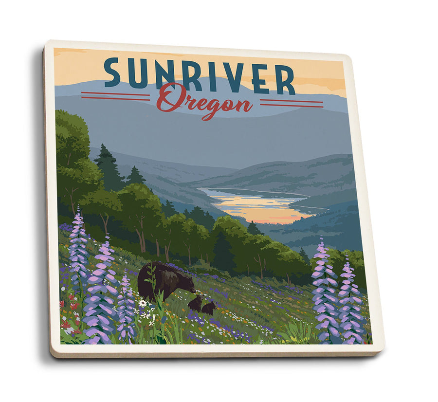 Sunriver, Oregon, Bear and Spring Flowers, Lantern Press Artwork, Coaster Set Coasters Lantern Press 