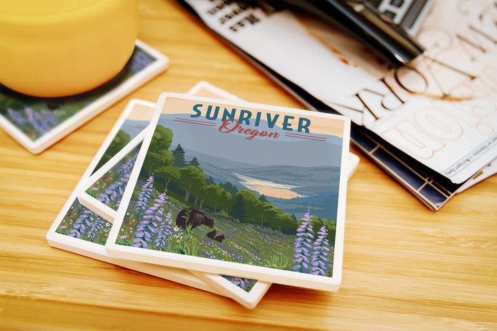 Sunriver, Oregon, Bear and Spring Flowers, Lantern Press Artwork, Coaster Set Coasters Lantern Press 
