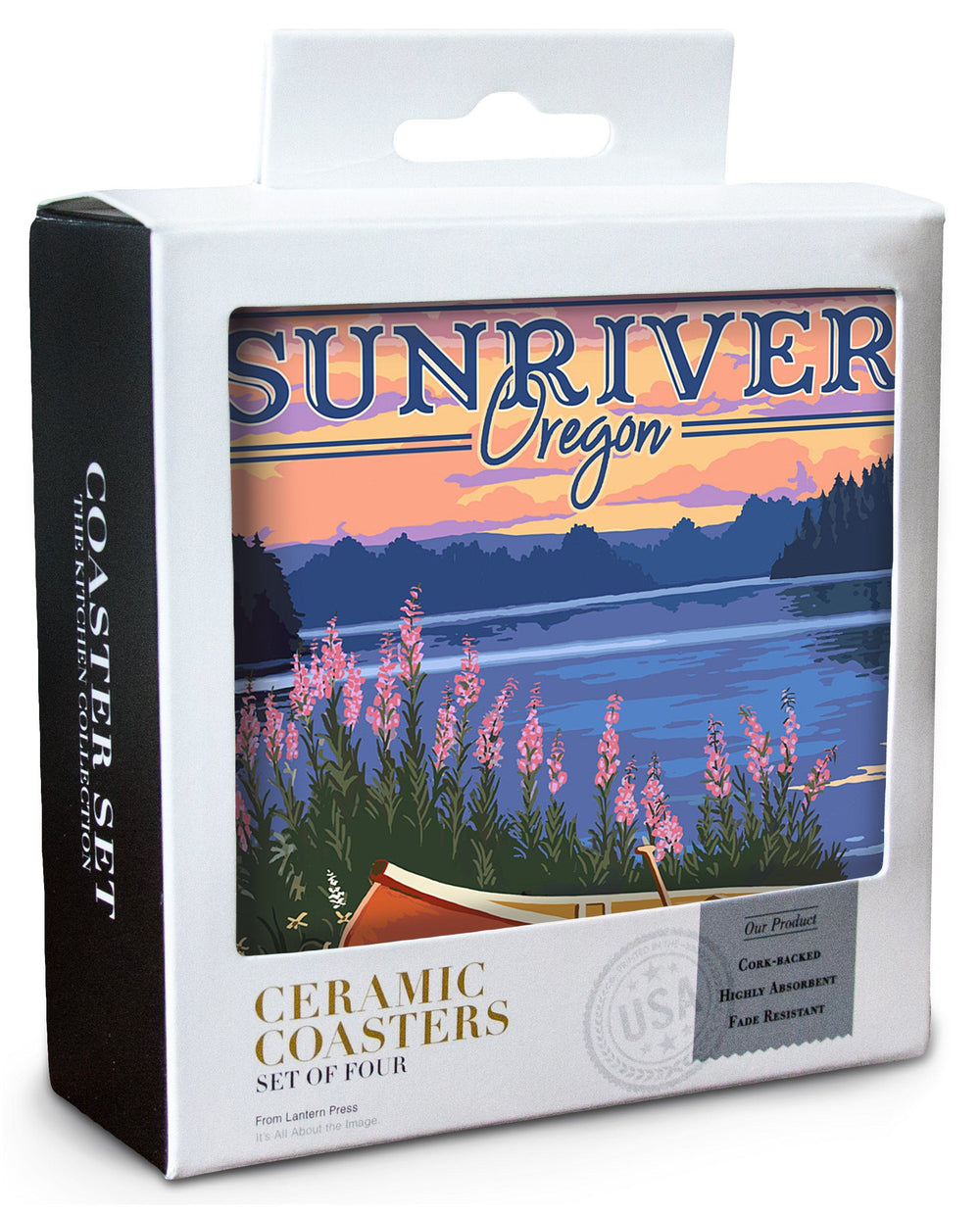 Sunriver, Oregon, Canoe & Lake, Lantern Press Artwork, Coaster Set Coasters Lantern Press 