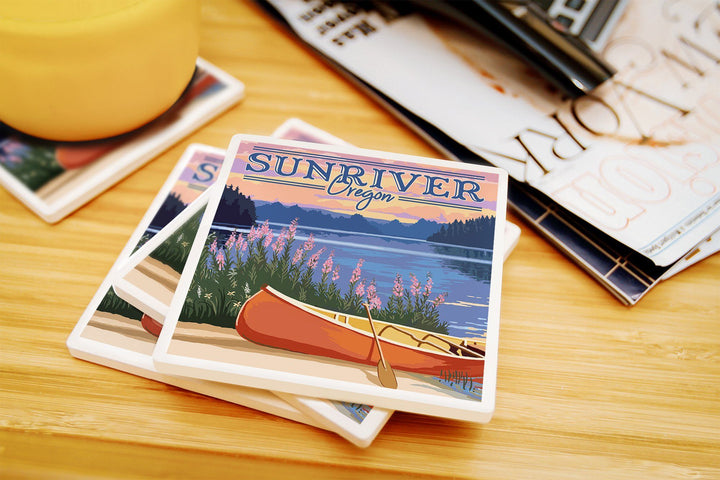 Sunriver, Oregon, Canoe & Lake, Lantern Press Artwork, Coaster Set Coasters Lantern Press 