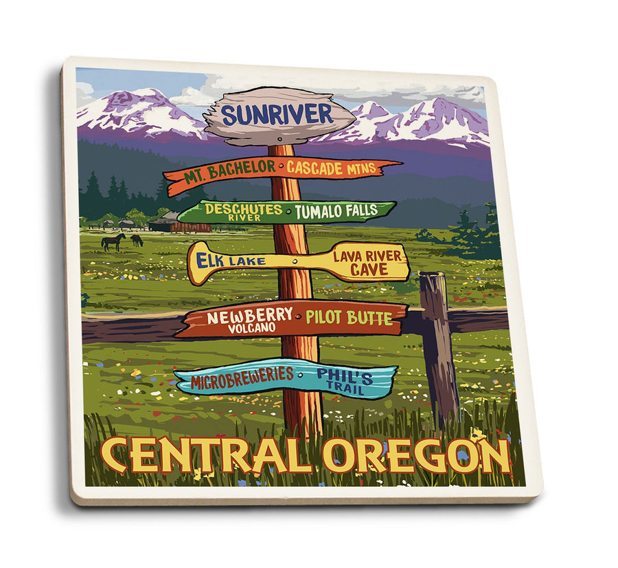 Sunriver, Oregon, Destination Signpost, Lantern Press Artwork, Coaster Set Coasters Lantern Press 