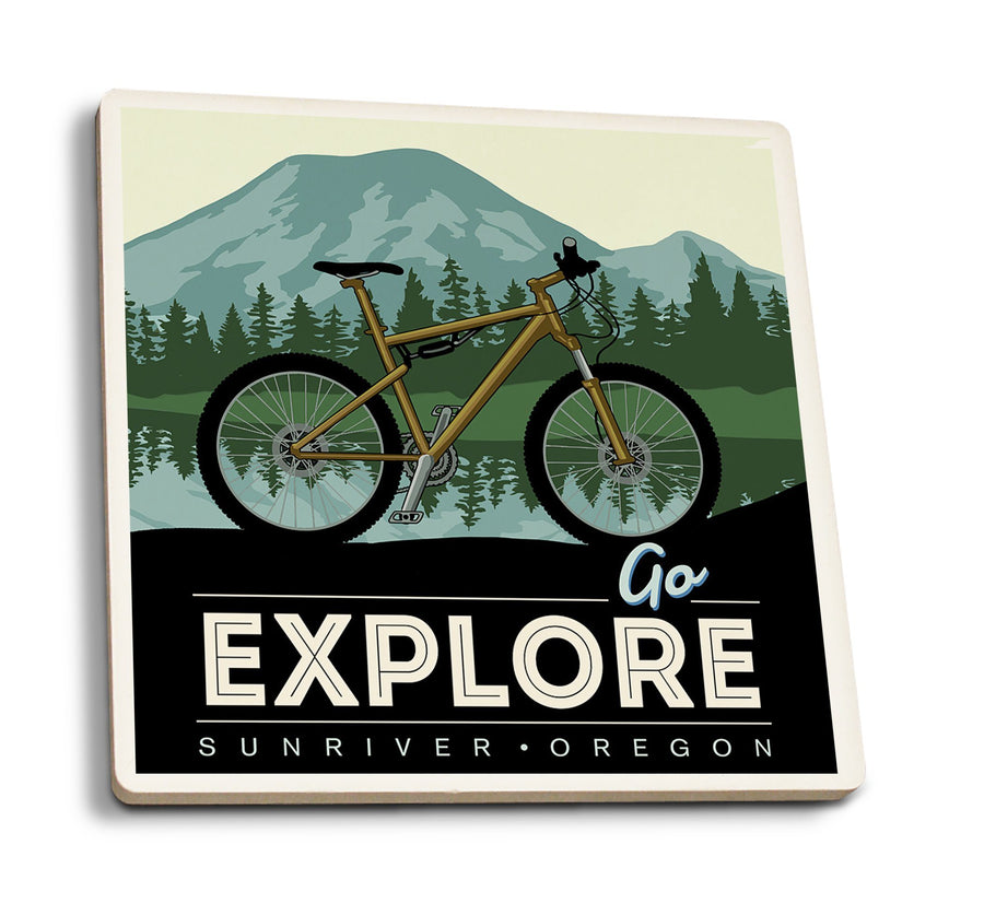Sunriver, Oregon, Go Explore, Bike, Lantern Press Artwork, Coaster Set Coasters Lantern Press 