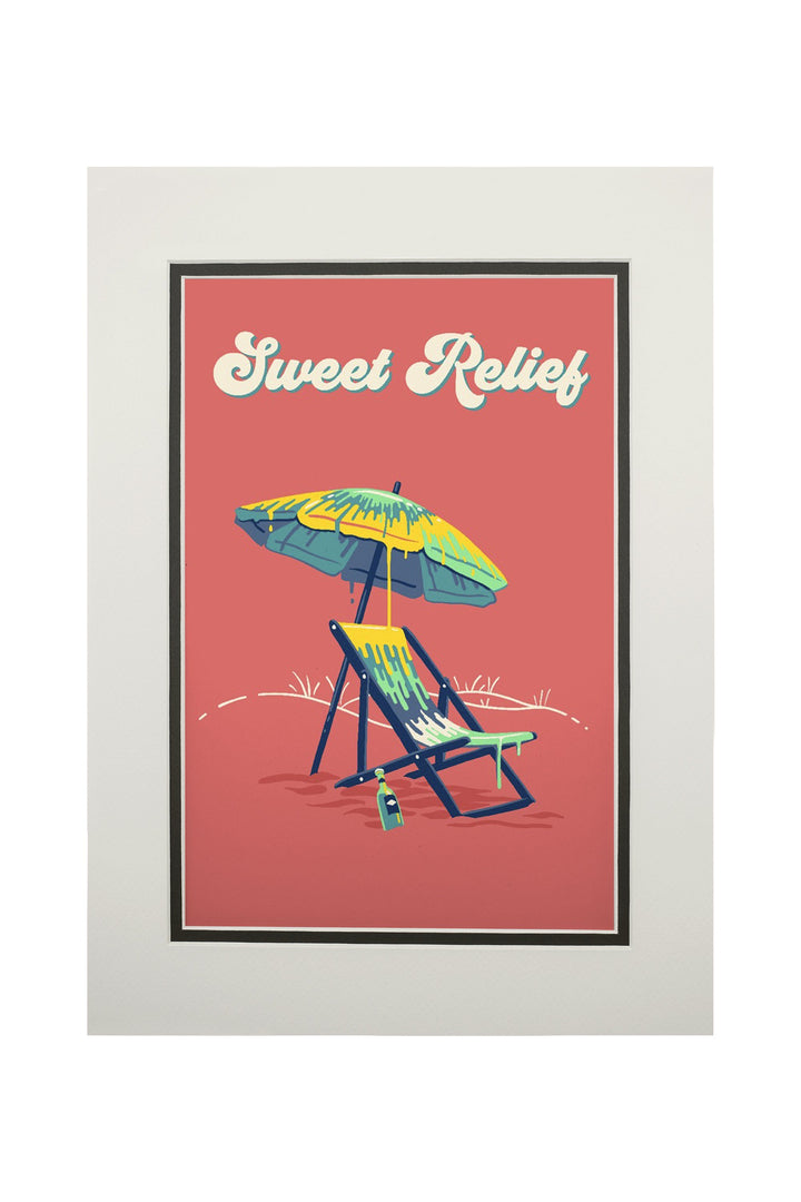 Sweet Relief Collection, Beach Chair and Umbrella, Sweet Relief, Art Prints and Metal Signs Art Lantern Press 11 x 14 Matted Art Print 