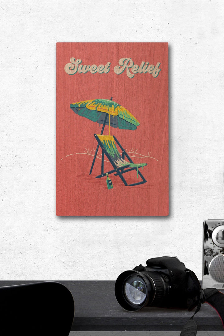 Sweet Relief Collection, Beach Chair and Umbrella, Sweet Relief, Wood Signs and Postcards Wood Lantern Press 12 x 18 Wood Gallery Print 