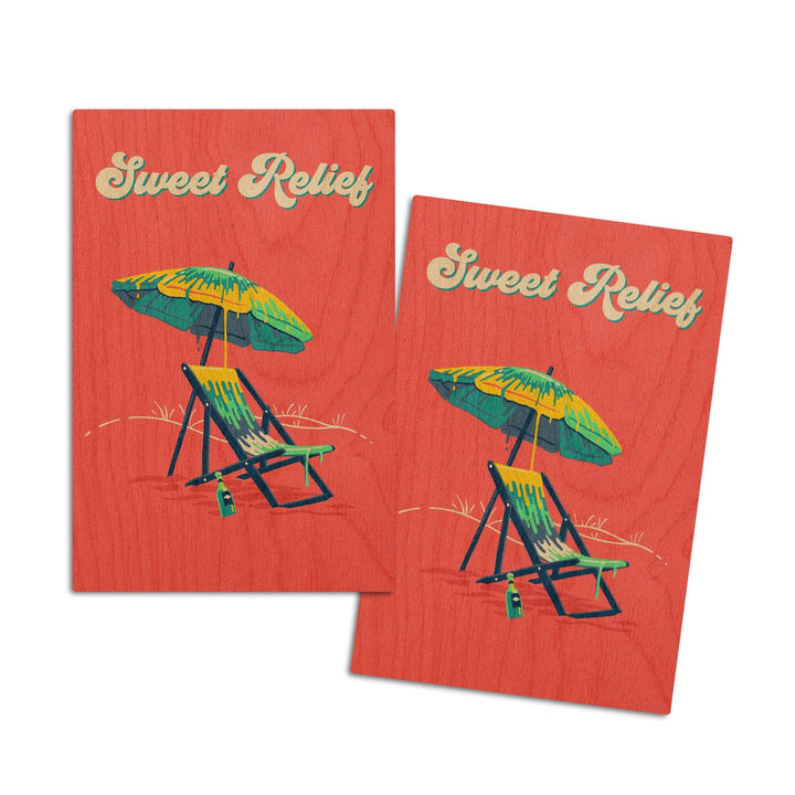 Sweet Relief Collection, Beach Chair and Umbrella, Sweet Relief, Wood Signs and Postcards Wood Lantern Press 4x6 Wood Postcard Set 