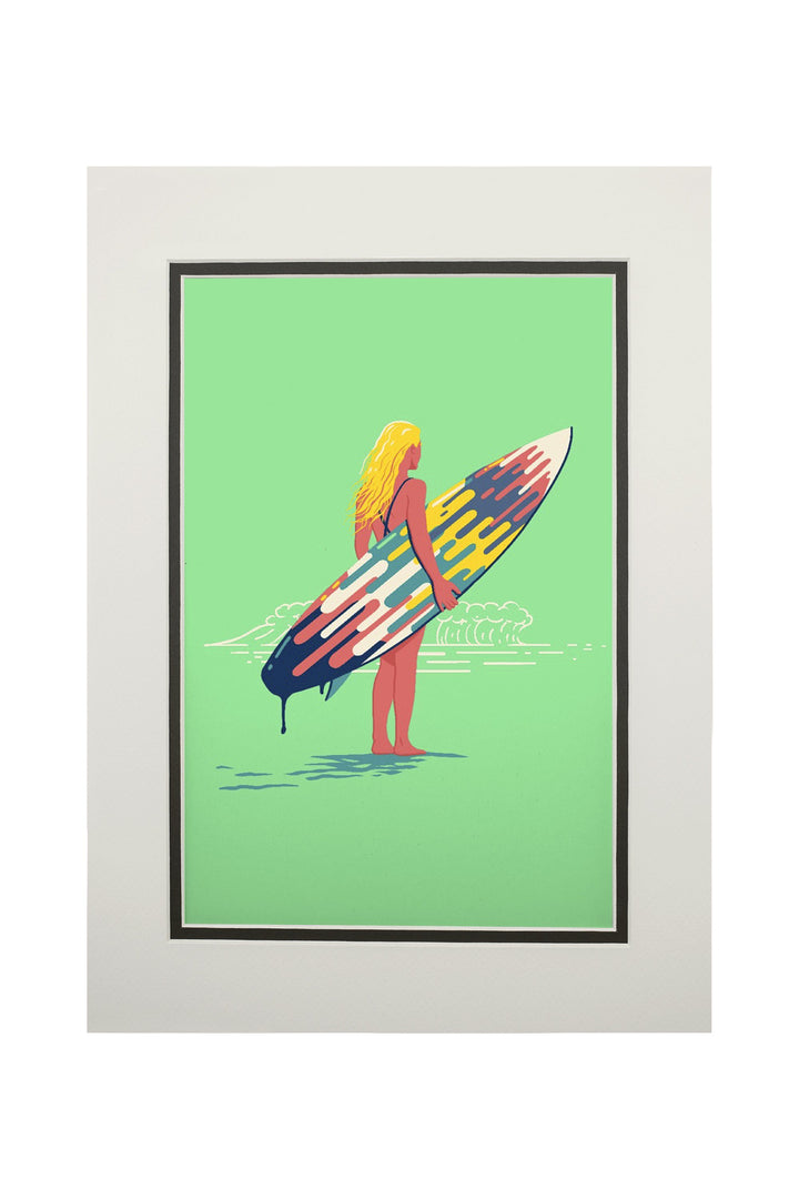 Sweet Relief Collection, Surfer Girl with Surfboard, Art Prints and Metal Signs Art Lantern Press 11 x 14 Matted Art Print 