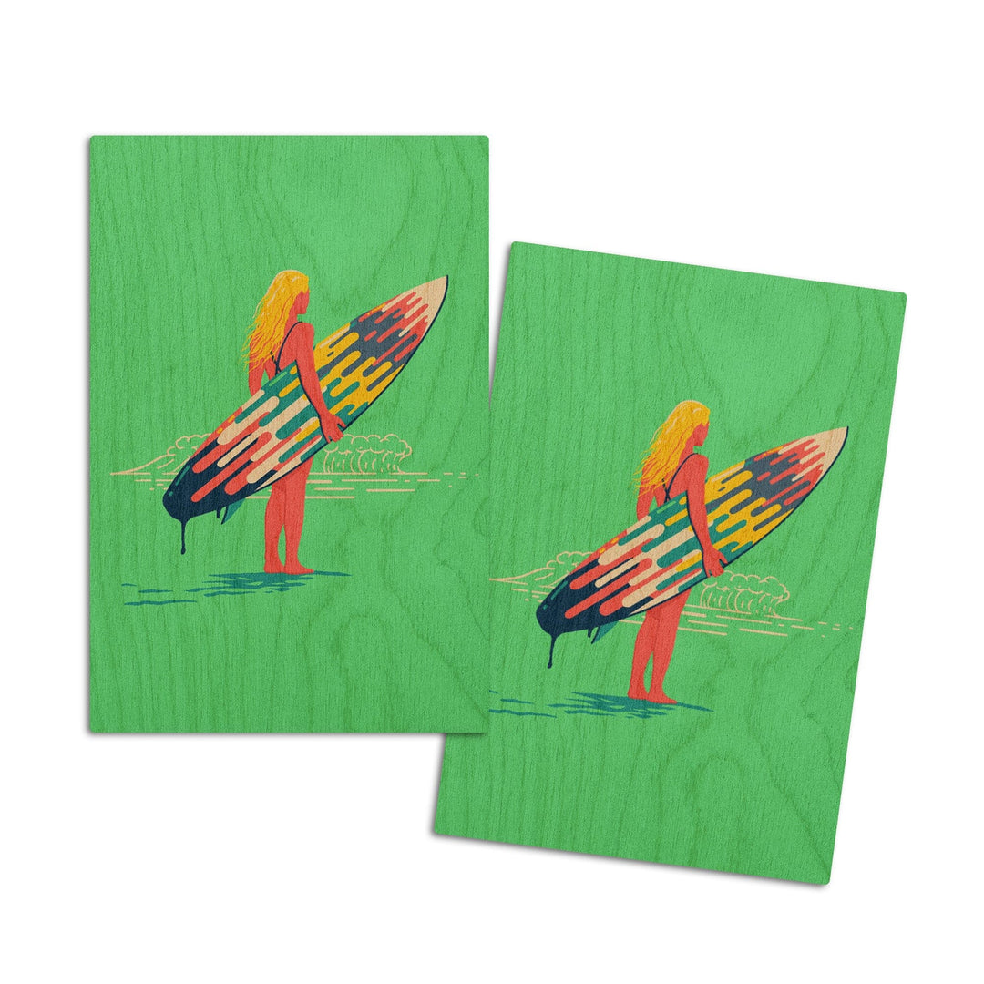 Sweet Relief Collection, Surfer Girl with Surfboard, Wood Signs and Postcards Wood Lantern Press 4x6 Wood Postcard Set 