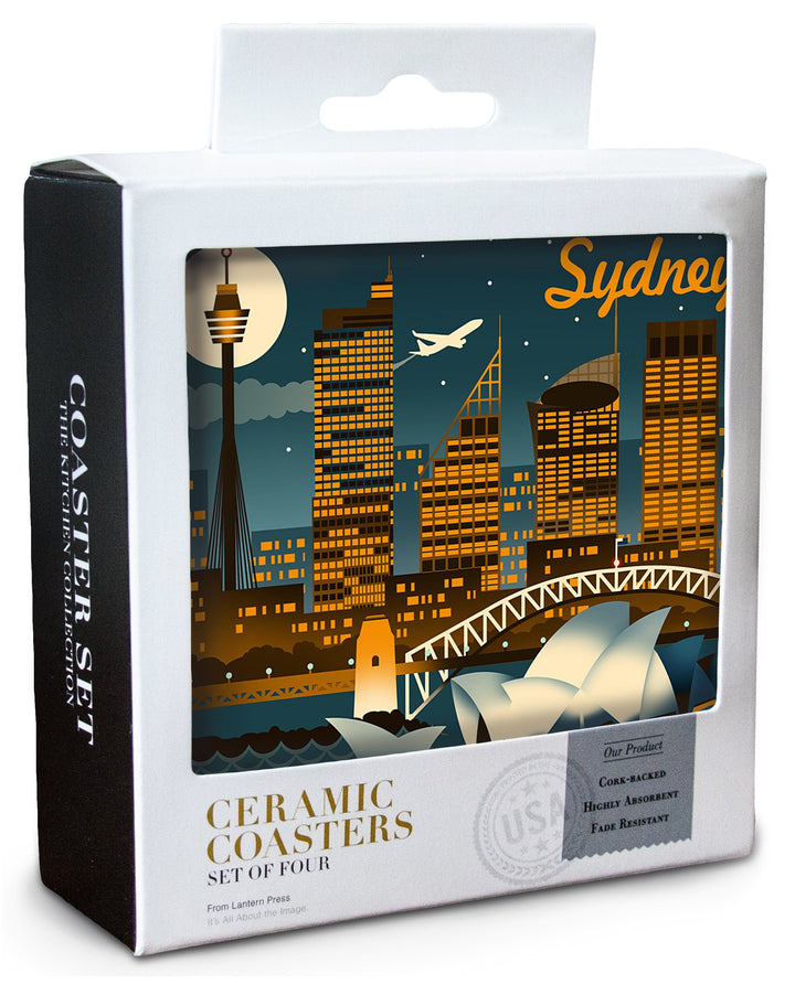 Sydney, Australia, Retro Skyline, Lantern Press Artwork, Coaster Set Coasters Lantern Press 
