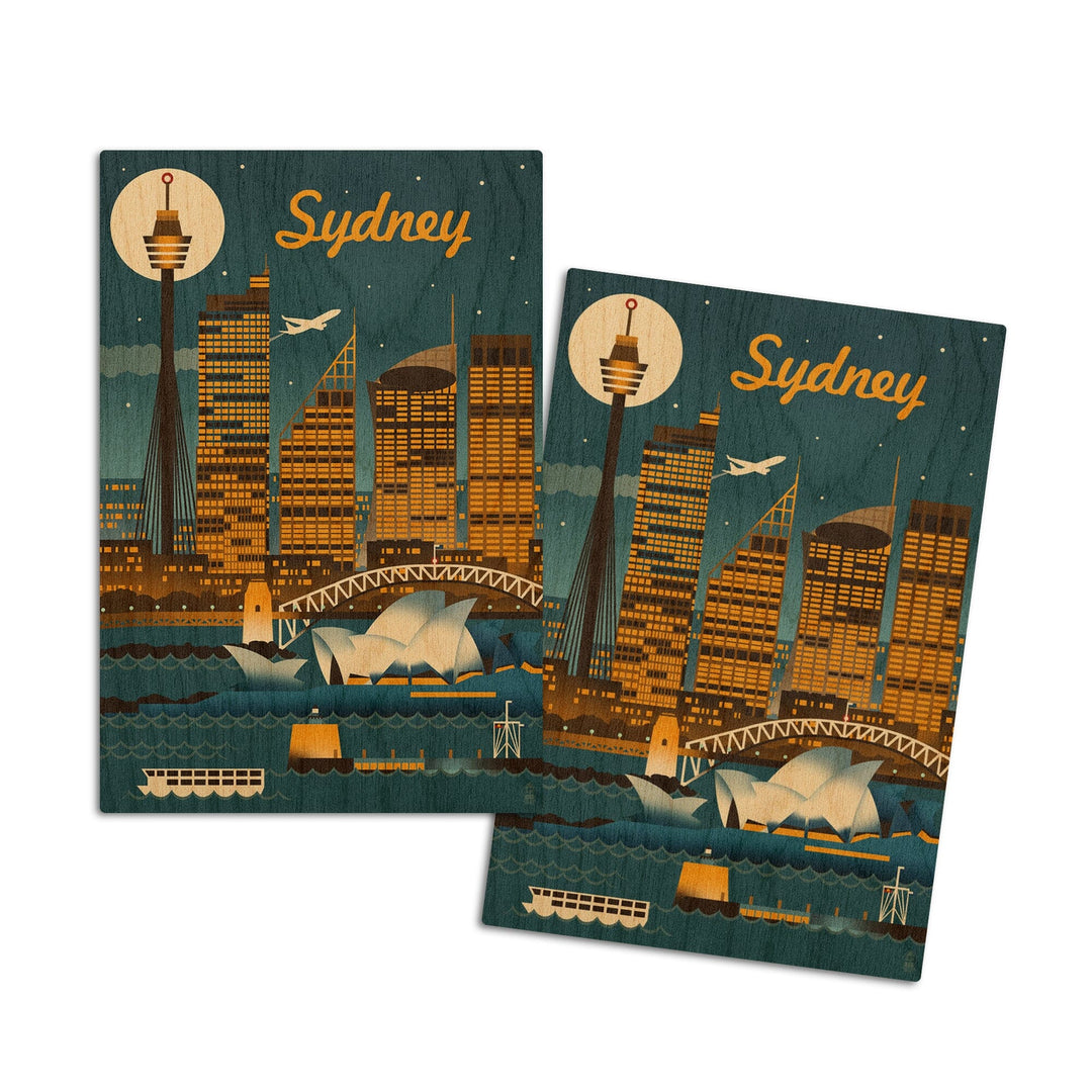 Sydney, Australia, Retro Skyline, Lantern Press Artwork, Wood Signs and Postcards Wood Lantern Press 4x6 Wood Postcard Set 