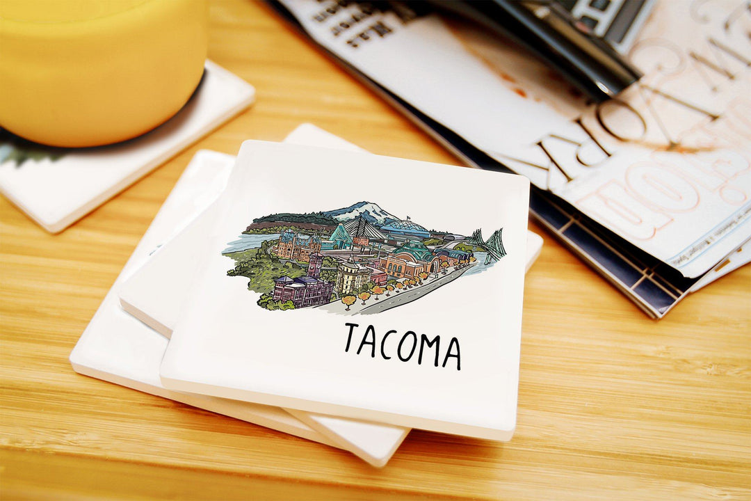 Tacoma, Washington, Cityscape, Line Drawing, Lantern Press Artwork Coasters Lantern Press 