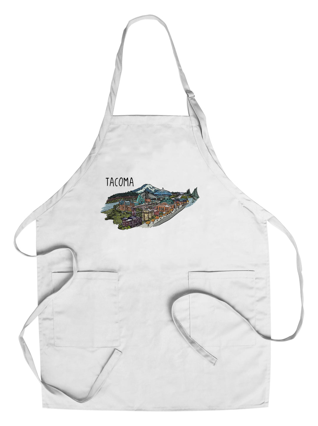 Tacoma, Washington, Cityscape, Line Drawing, Lantern Press Artwork, Towels and Aprons Kitchen Lantern Press Chef's Apron 