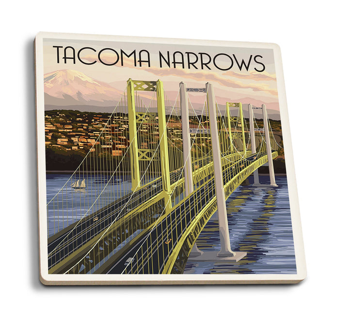 Tacoma, Washington, Narrows Bridge and Rainier, Lantern Press Artwork, Coaster Set Coasters Lantern Press 