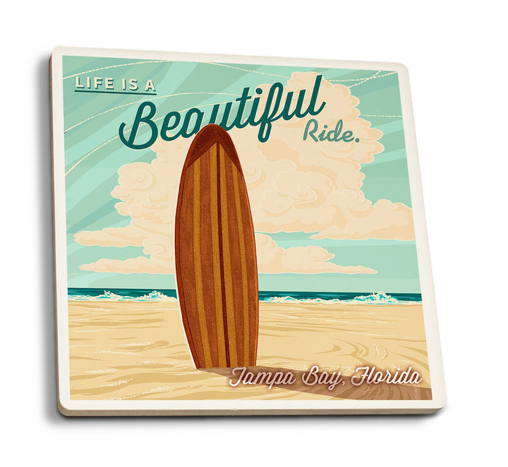 Tampa Bay, Florida, Life is a Beautiful Ride, Surfboard, Letterpress, Lantern Press Artwork, Coaster Set Coasters Lantern Press 