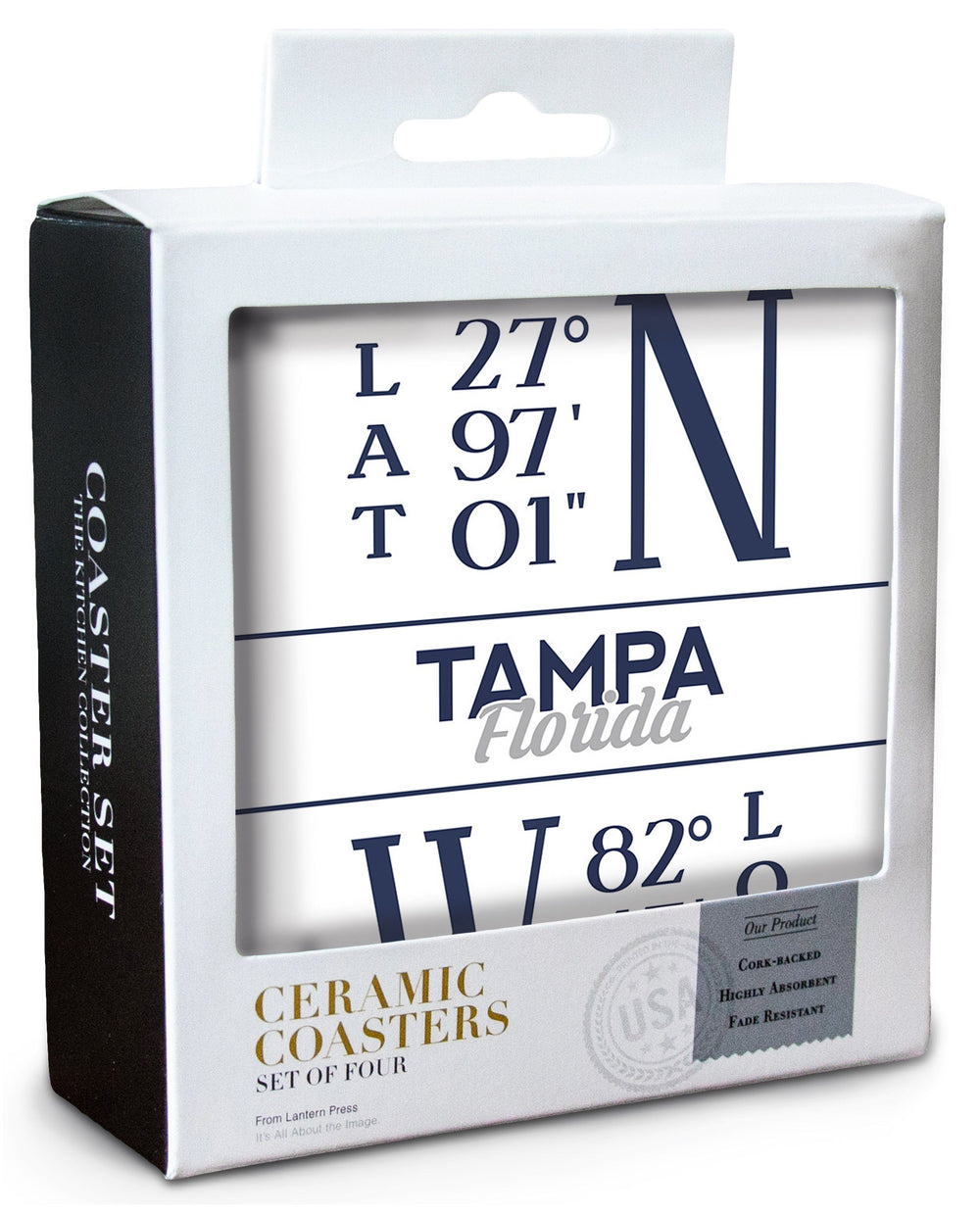 Tampa, Florida, Latitude & Longitude (Blue), Lantern Press Artwork, Coaster Set Coasters Lantern Press 