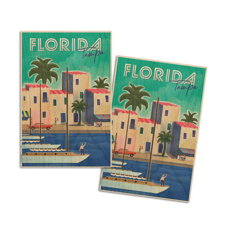 Tampa, Florida, Lithograph, Lantern Press Artwork, Wood Signs and Postcards Wood Lantern Press 4x6 Wood Postcard Set 
