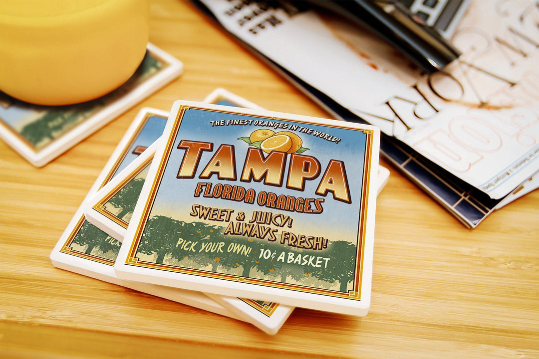 Tampa, Florida, Orange Grove Vintage Sign, Lantern Press Artwork, Coaster Set Coasters Lantern Press 