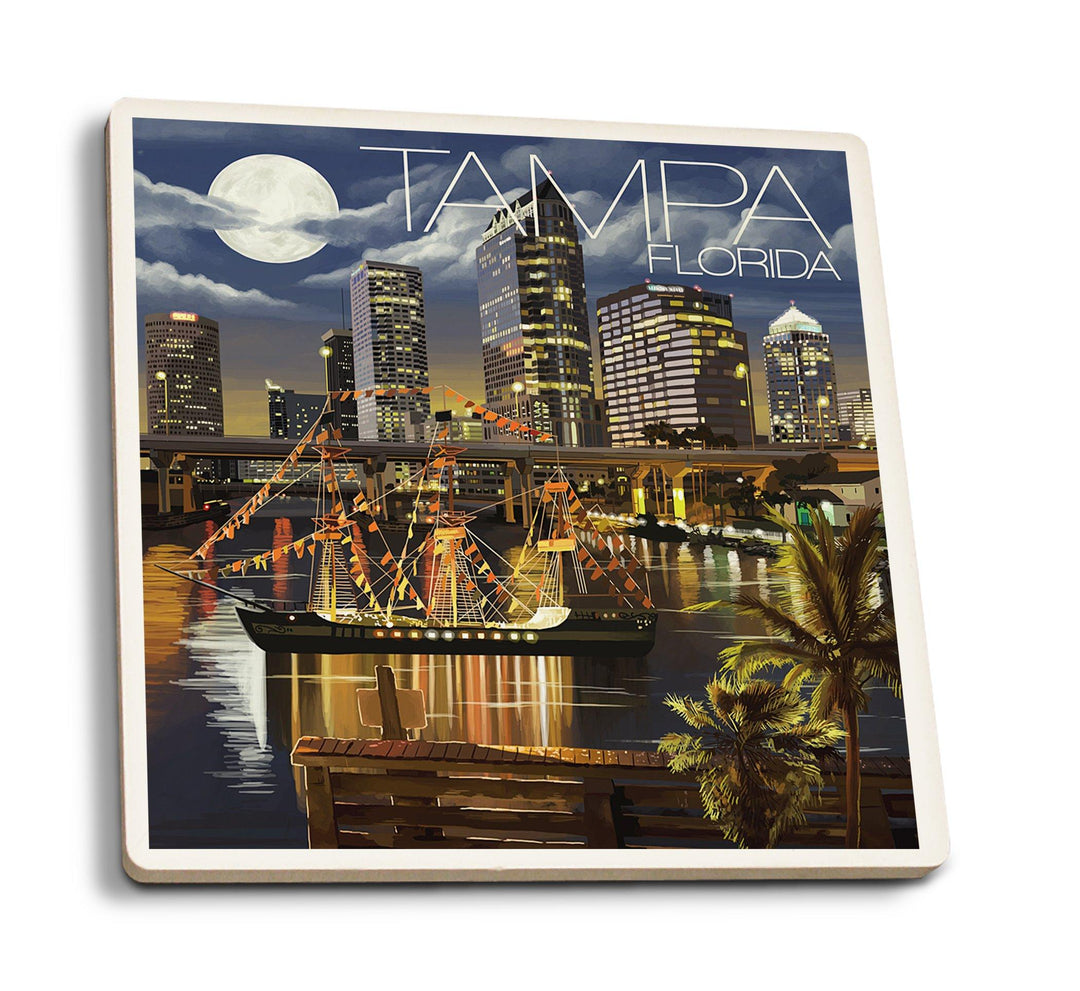 Tampa, Florida, Skyline at Night, Lantern Press Artwork, Coaster Set Coasters Lantern Press 