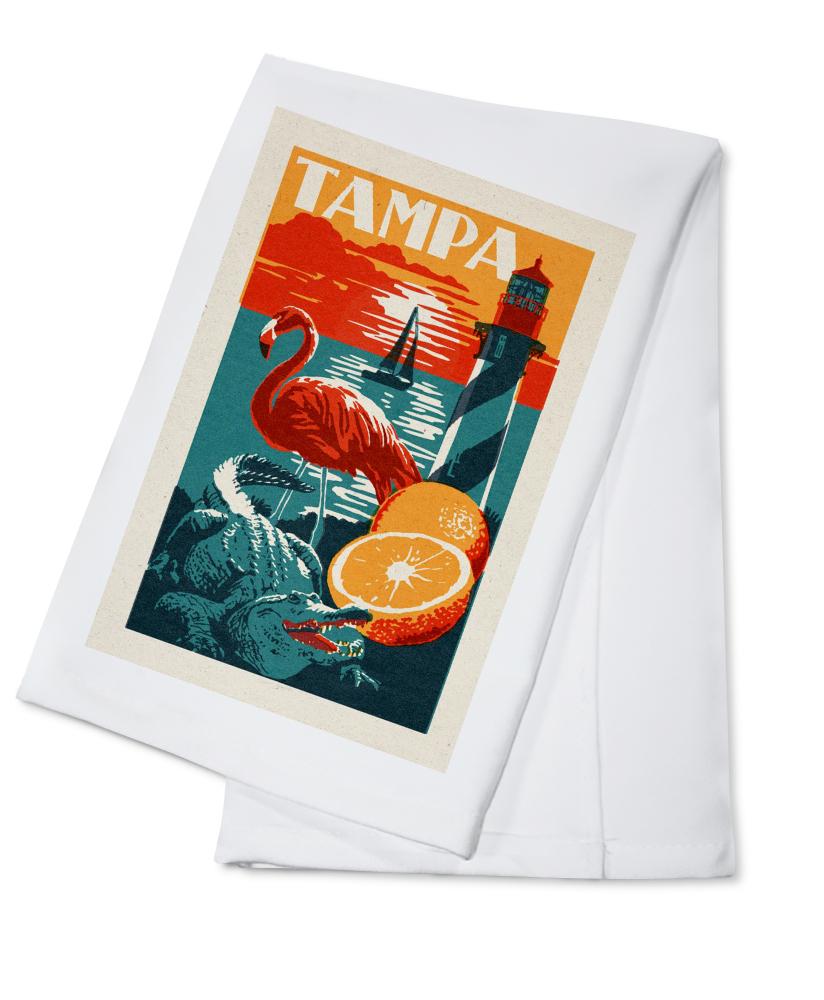 Tampa, Florida, Woodblock, Lantern Press Artwork, Towels and Aprons Kitchen Lantern Press Cotton Towel 