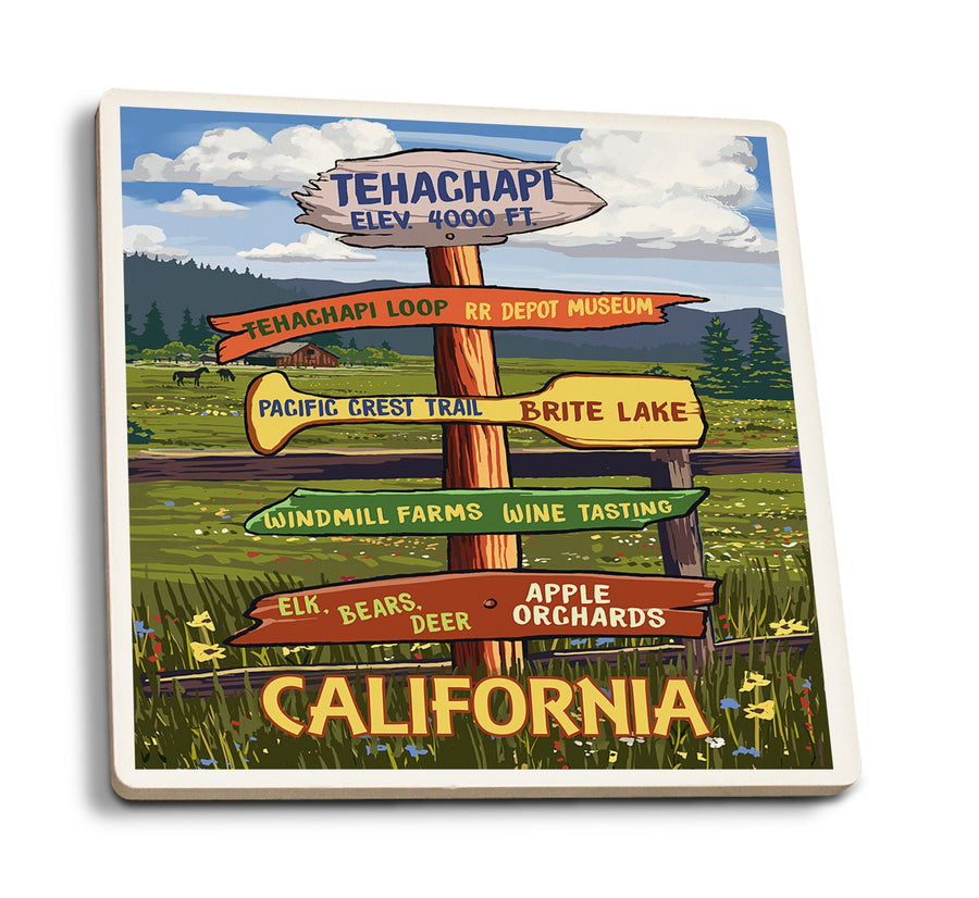 Tehachapi, California, Destination Signpost, Lantern Press Artwork, Coaster Set Coasters Lantern Press 