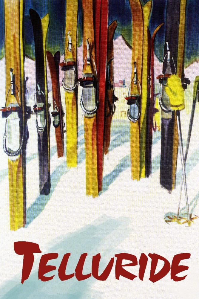 Telluride, Colorado, Colorful Skis, Lantern Press Artwork, Art Prints and Metal Signs Art Lantern Press 12 x 18 Art Print 