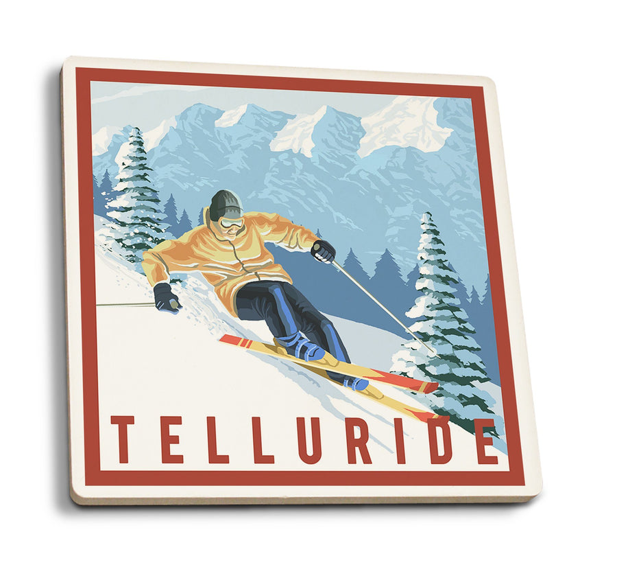 Telluride, Colorado, Downhill Skier, Lantern Press Artwork, Coaster Set Coasters Lantern Press 