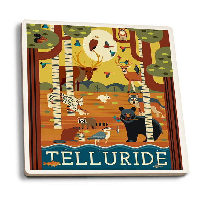 Telluride, Colorado, Forest Animals, Geometric, Lantern Press Artwork, Coaster Set Coasters Lantern Press 