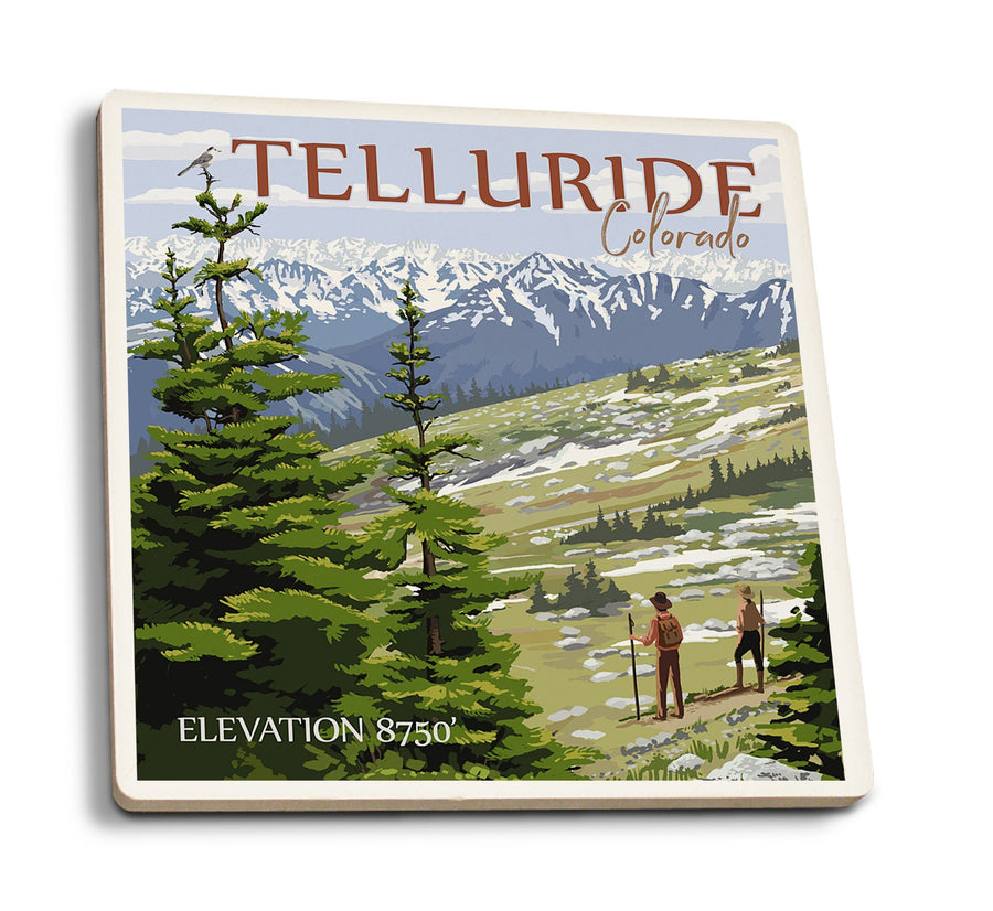 Telluride, Colorado, Trail Ridge Road & Hikers, Lantern Press Artwork, Coaster Set Coasters Lantern Press 