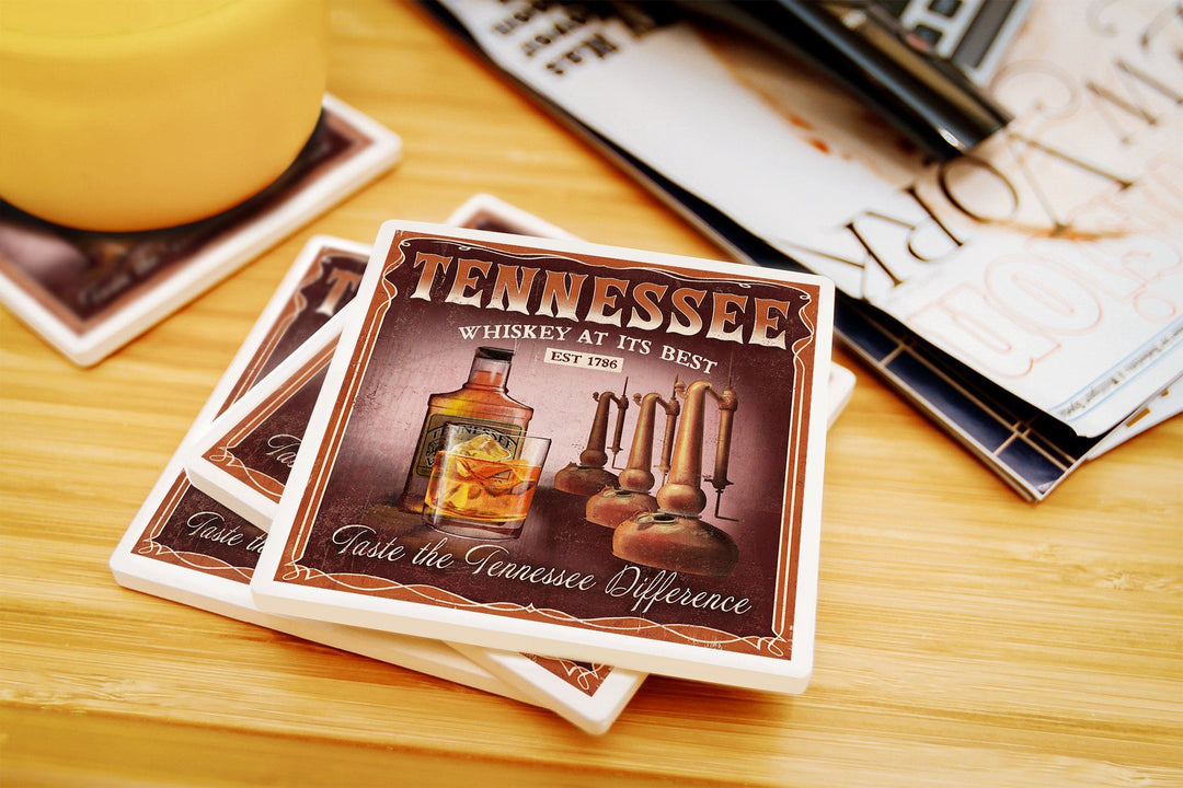 Tennessee, Whiskey Vintage Sign, Lantern Press Artwork, Coaster Set Coasters Lantern Press 