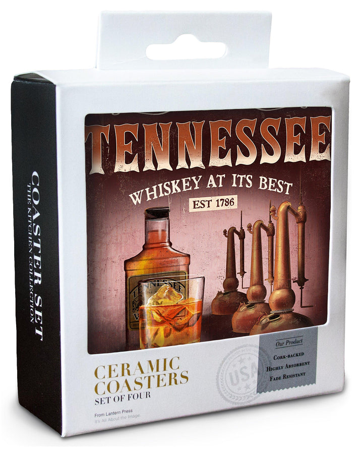 Tennessee, Whiskey Vintage Sign, Lantern Press Artwork, Coaster Set Coasters Lantern Press 