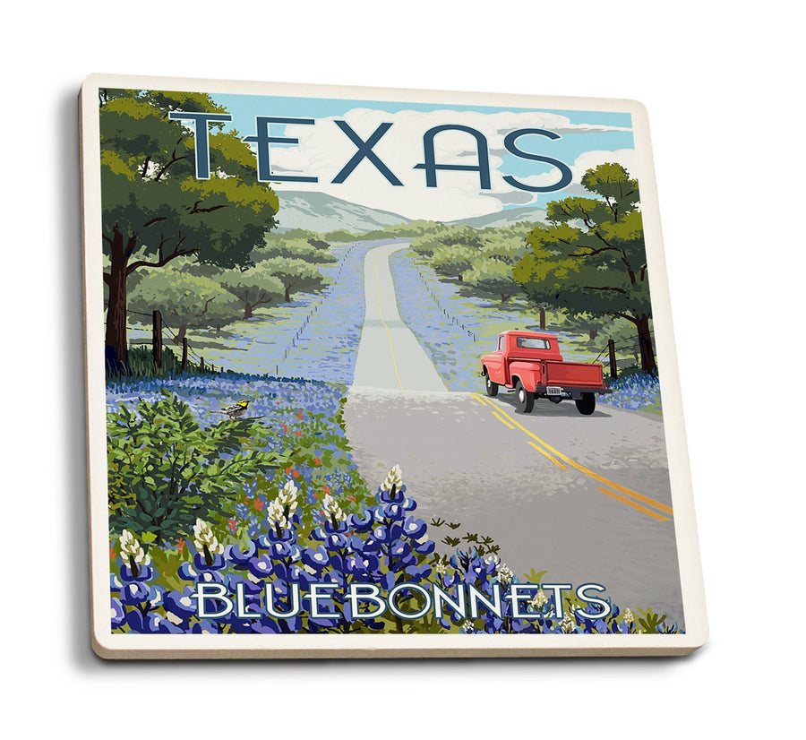 Texas, Bluebonnets & Highway, Lantern Press Artwork, Coaster Set Coasters Lantern Press 