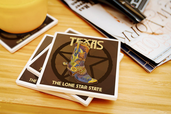 Texas, Boot & Star, Lantern Press Artwork, Coaster Set Coasters Lantern Press 